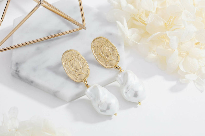 Matted Gold Sculpted Oversized Baroque Pearl Drop Earrings