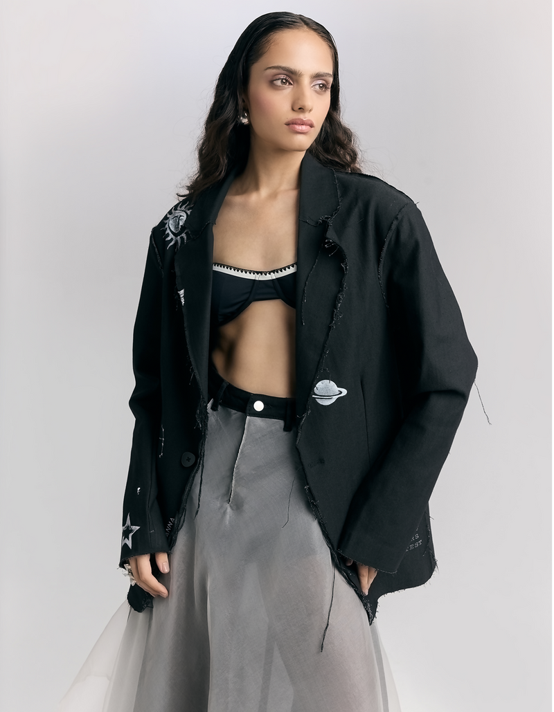 Denim Block Printed Blazer