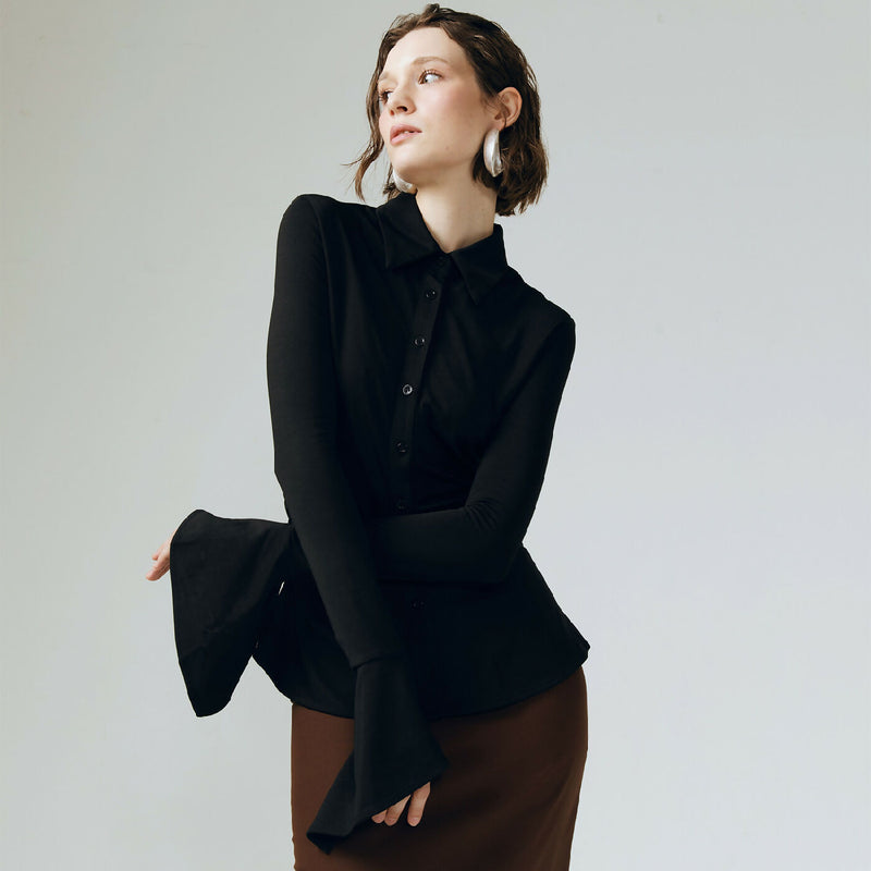 SCULPTED DRAPPERY BLACK FITTED SHIRT
