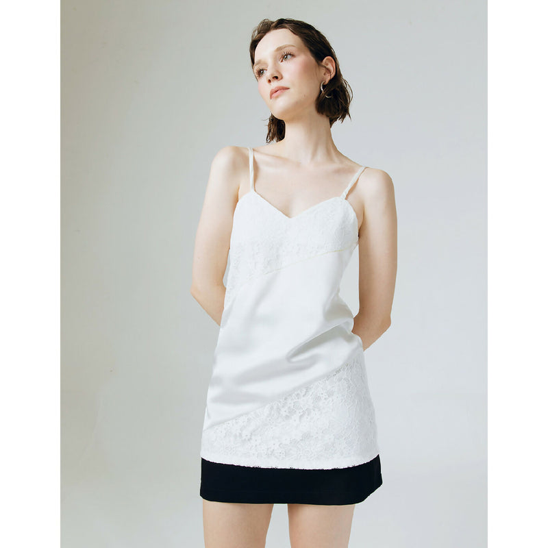 WHITE LACE-DETAILED SATIN CAMISOLE