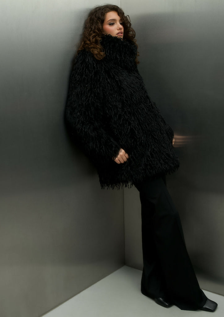 FEATHER-EFFECT COAT BLACK
