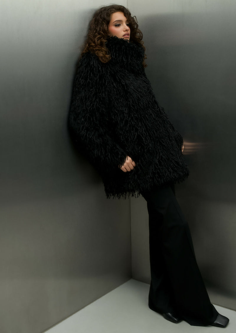FEATHER-EFFECT COAT BLACK