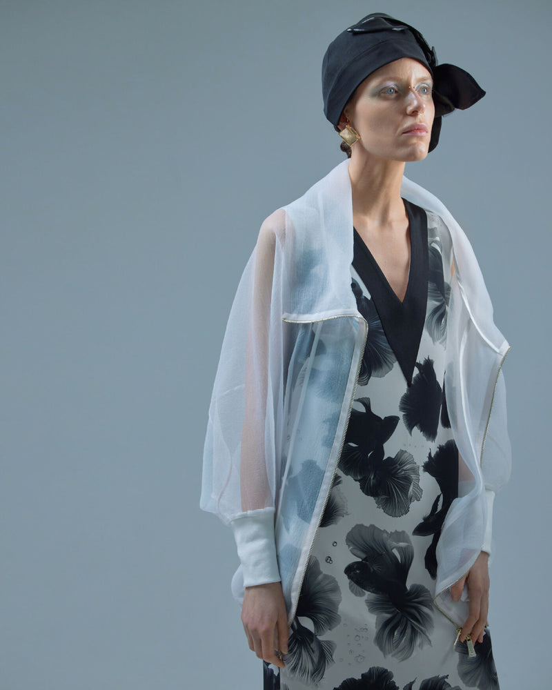 Exclusive Fish Print Sleeveless Crepe Dress White