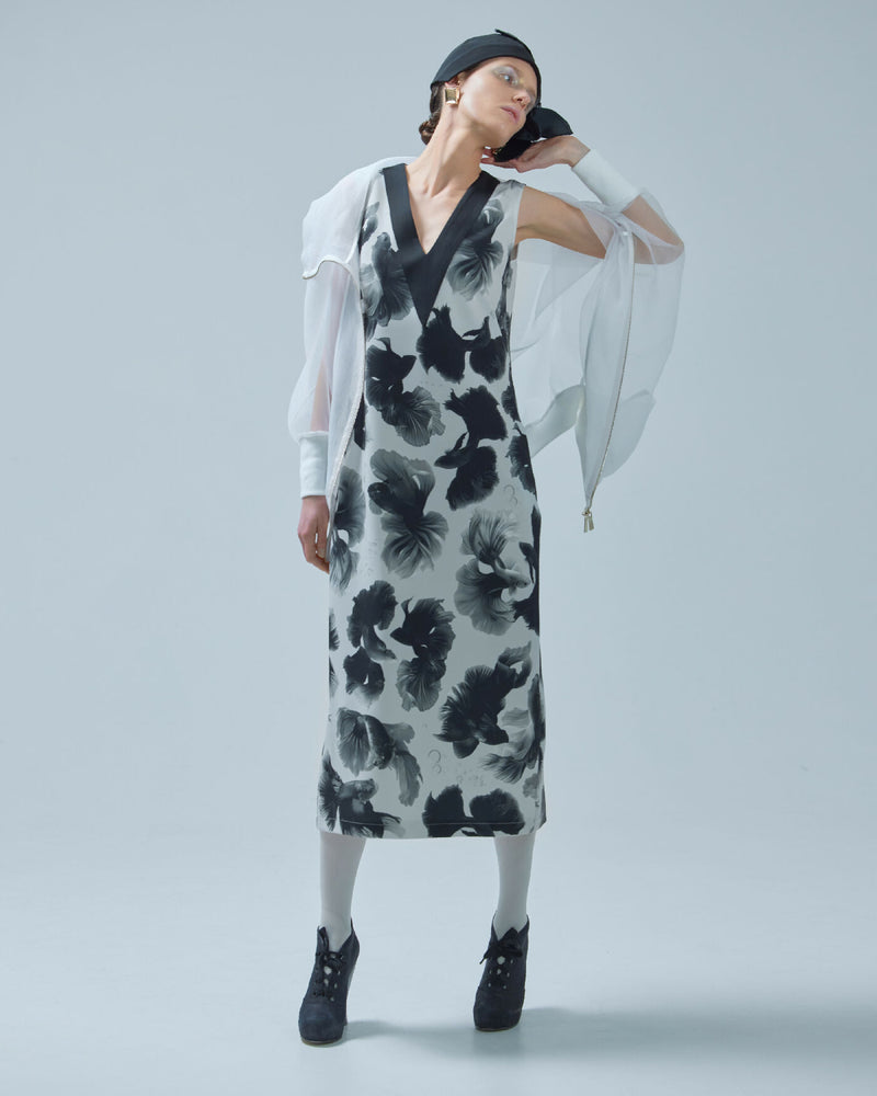 Exclusive Fish Print Sleeveless Crepe Dress White