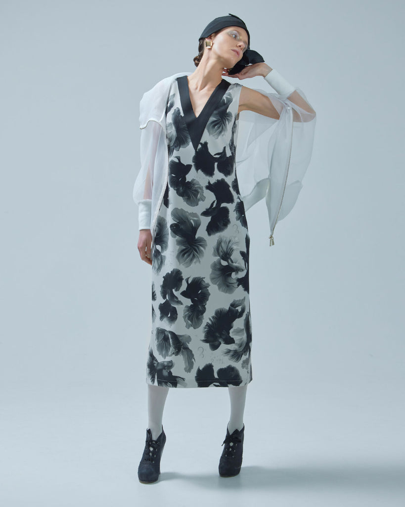 Exclusive Fish Print Sleeveless Crepe Dress White