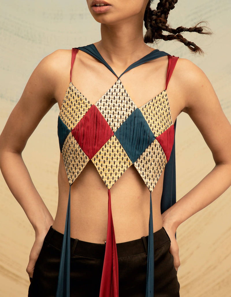 Silk-Raffia Diamond Panelled Bustier