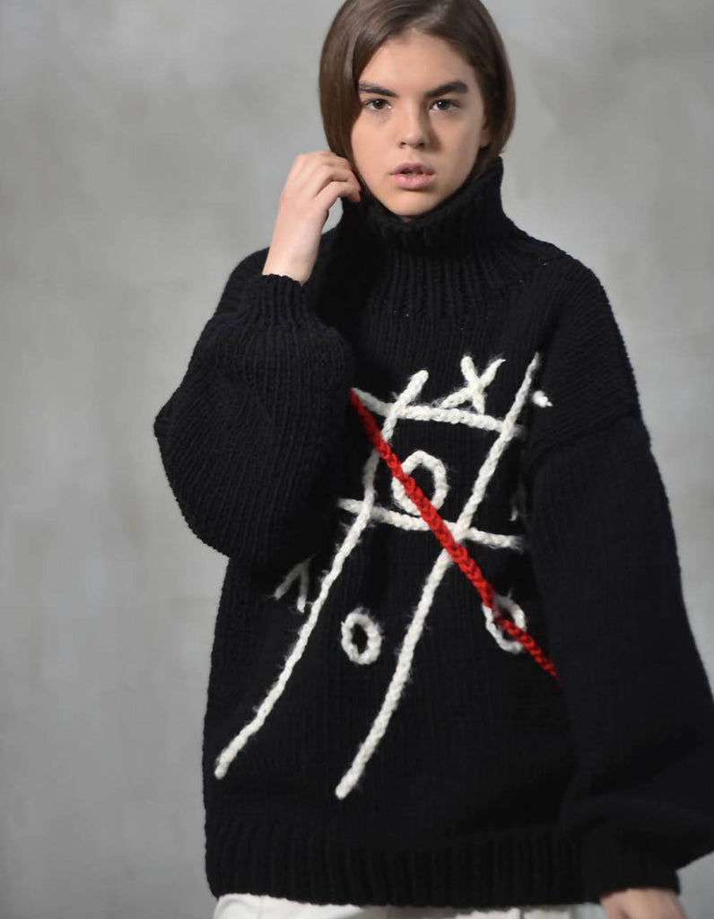 Hand-Knitted Black Tic-Tac-Toe Sweater