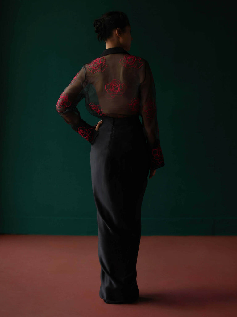 Dimensional roses sheer shirt