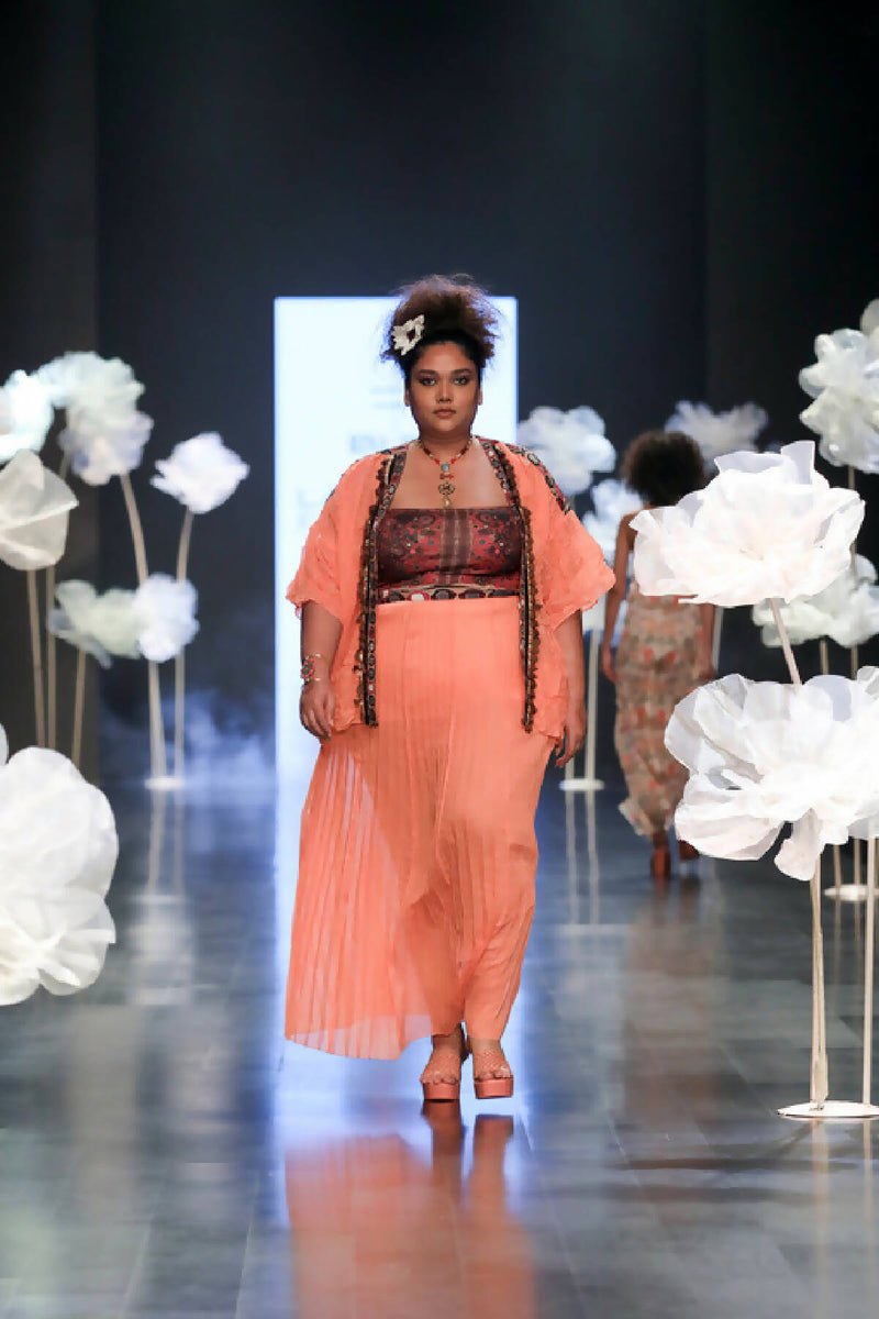 Orange Plisse Pleated Long Skirt