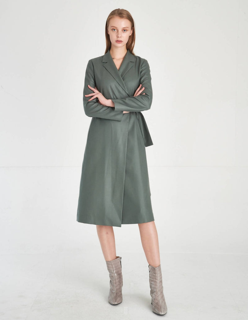 Notched Lapel Wool Wrap Dress