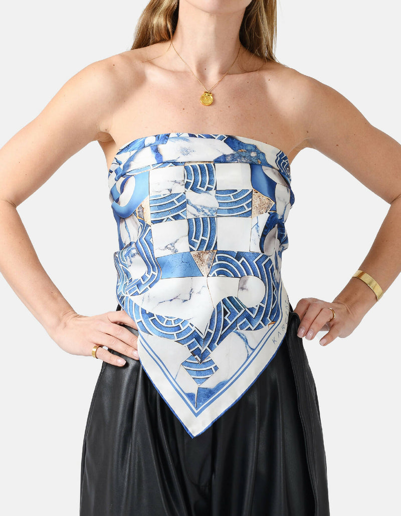 Blue-White-Gold-Marble-Silk-Twill-Scarf-Kargede-Designer-Scarf-Front