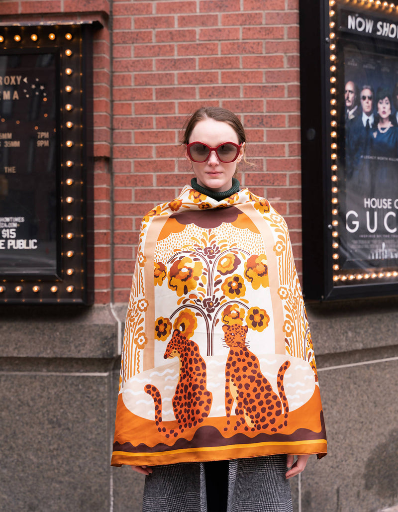 Double Sided Silk Scarf Of Leopards With Floral Fountain