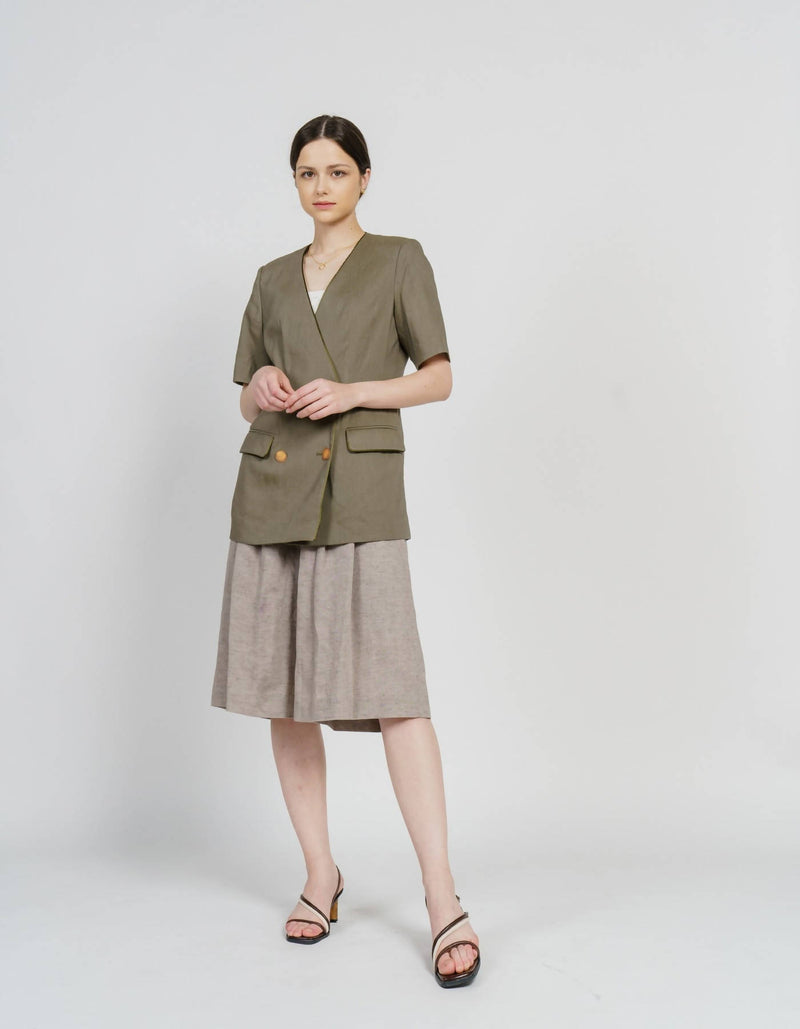 Linen Blending Piping V-Neck Jacket