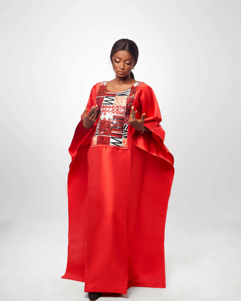 Red Jewelled Satin and African Print Kaftan Boubou