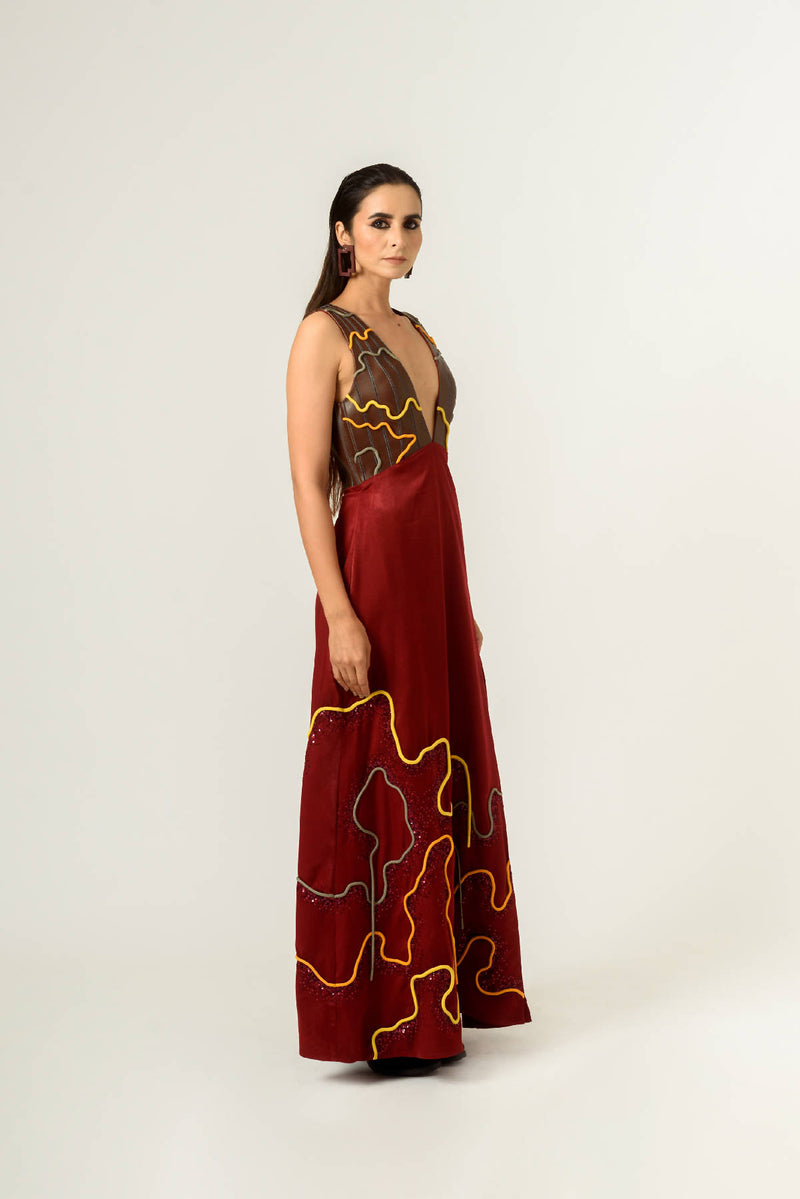 Low Neckline Leather Embroidered Gown