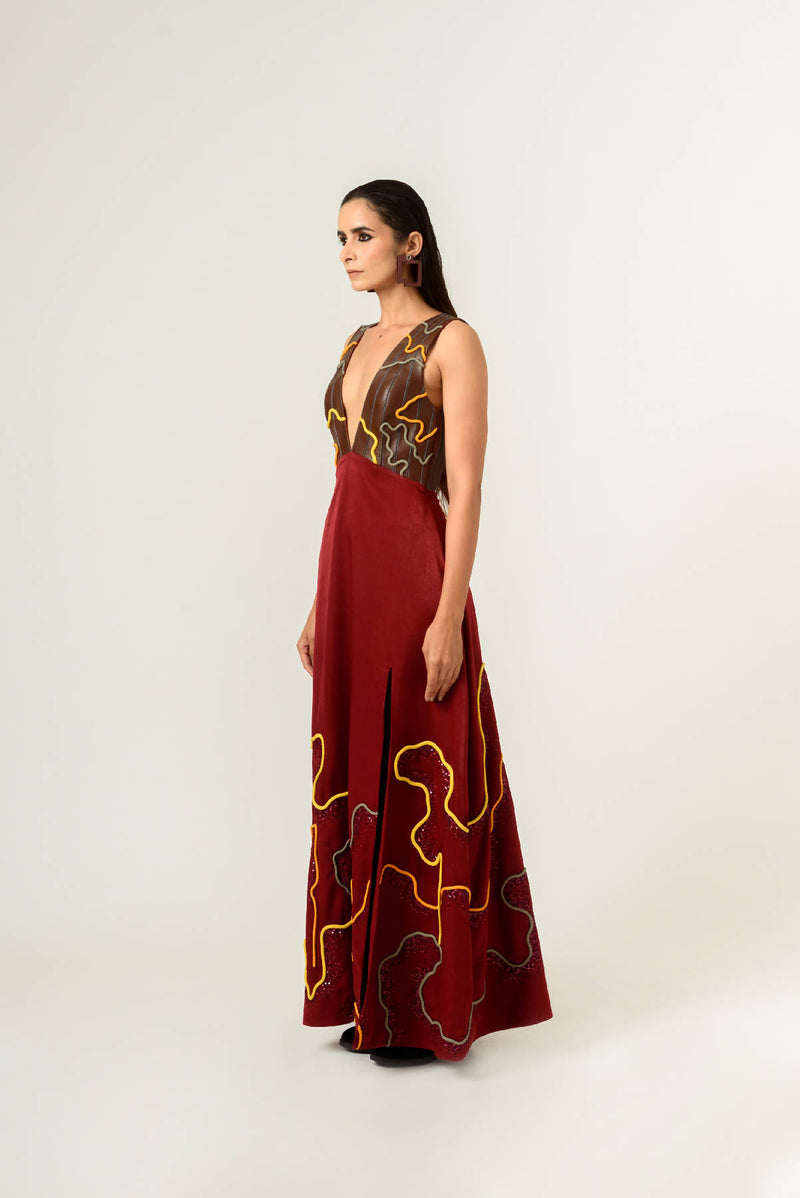 Low Neckline Leather Embroidered Gown
