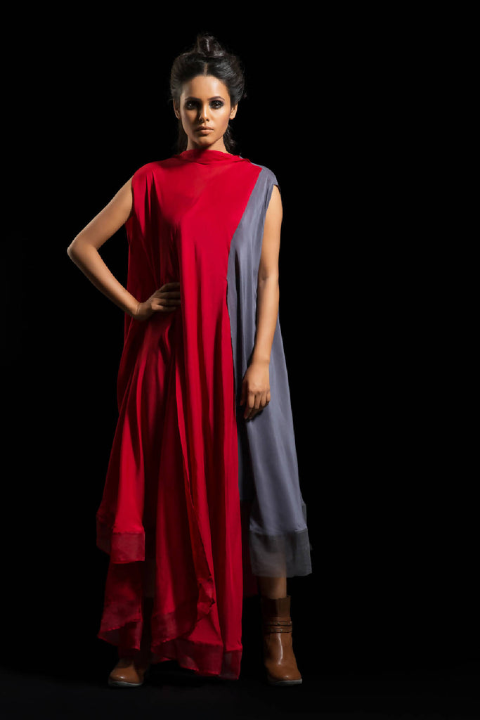 Red & Grey Draped Kurta Dress