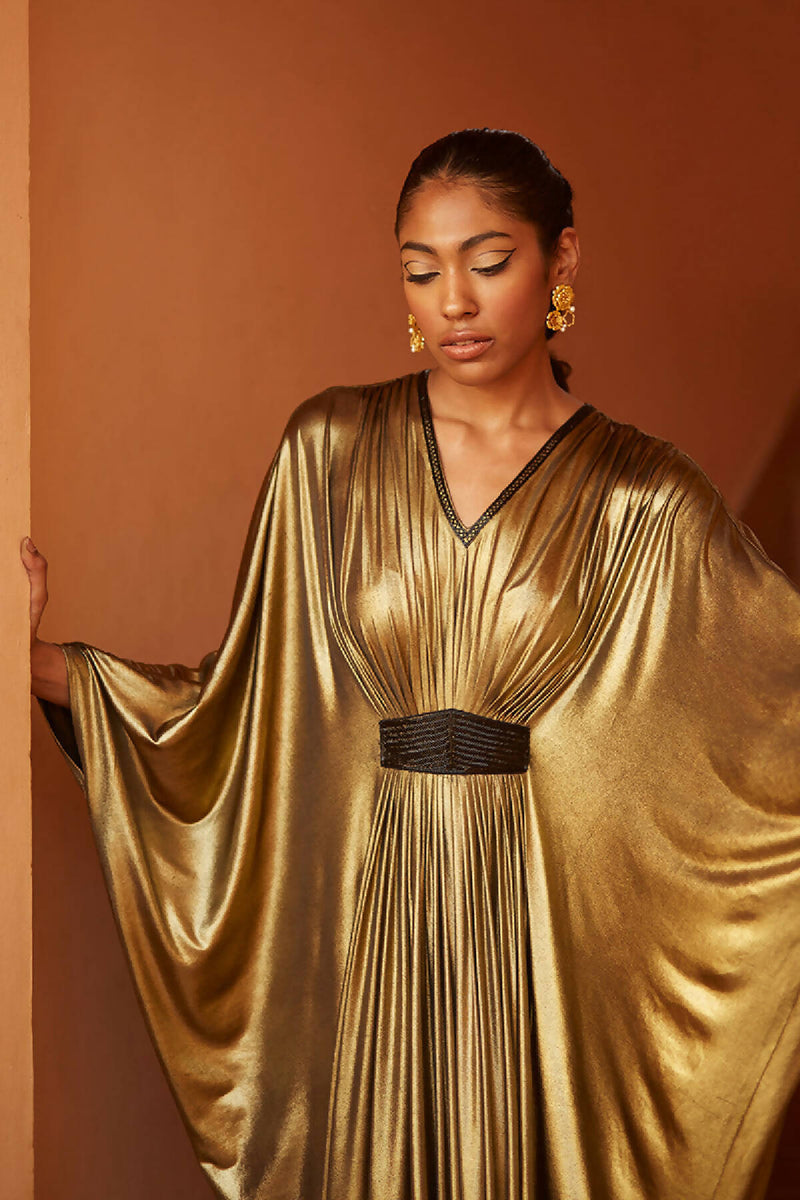 Gold Mettalic Kaftan With Embroidered Belt