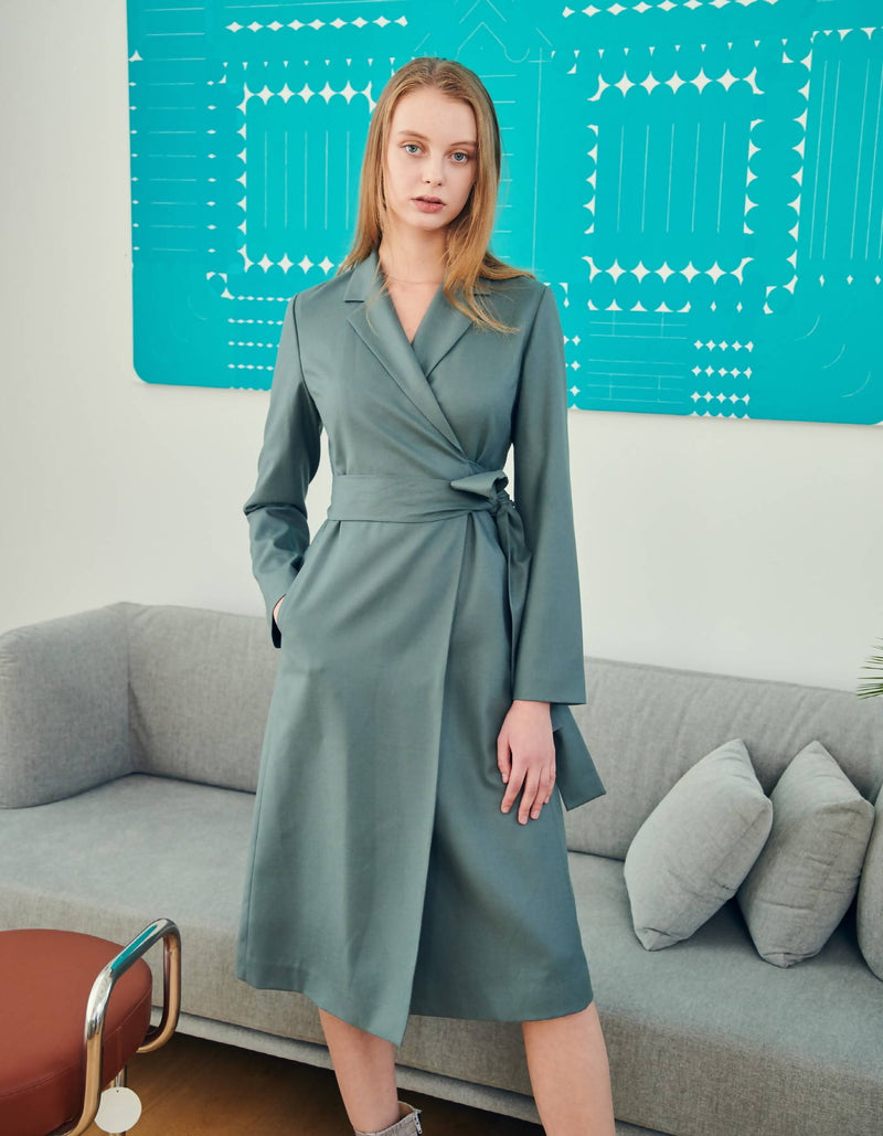Notched Lapel Wool Wrap Dress