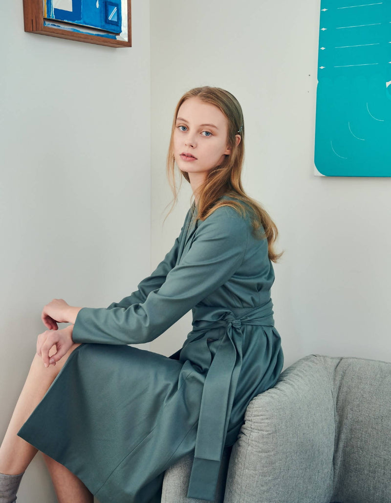 Notched Lapel Wool Wrap Dress