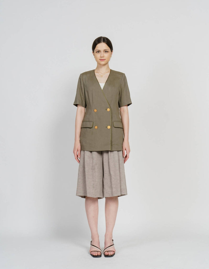 Linen Blending Piping V-Neck Jacket