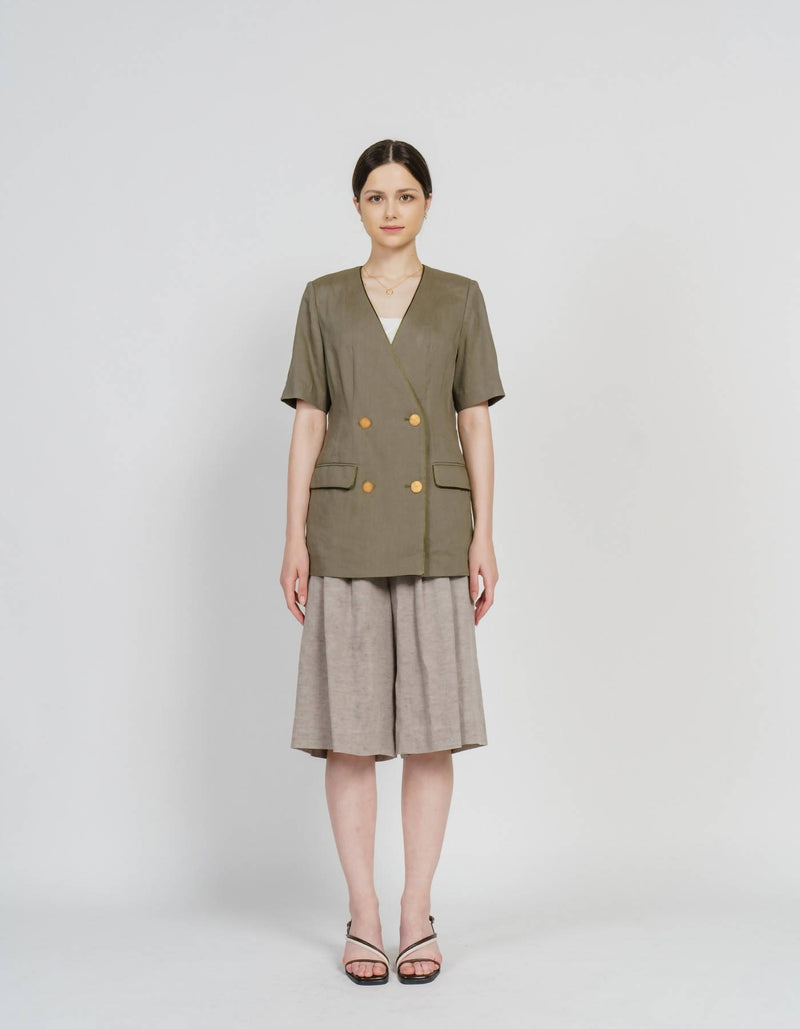 Linen Blending Piping V-Neck Jacket