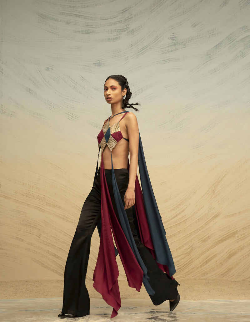 Silk-Raffia Diamond Panelled Bustier