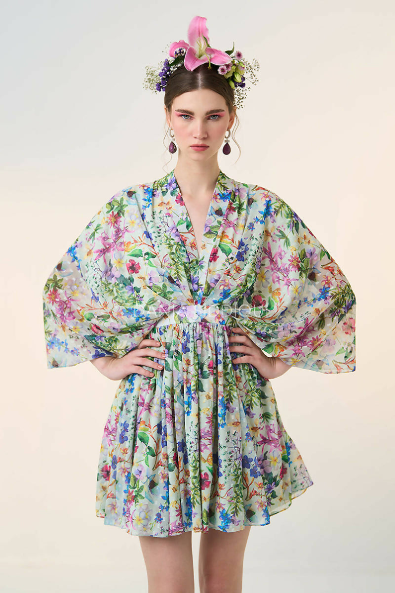FLORAL KIMONO SLEEVE MINI DRESS