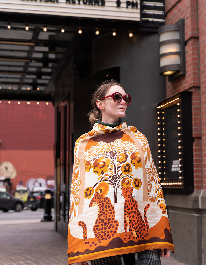Double Sided Silk Scarf Of Leopards With Floral Fountain