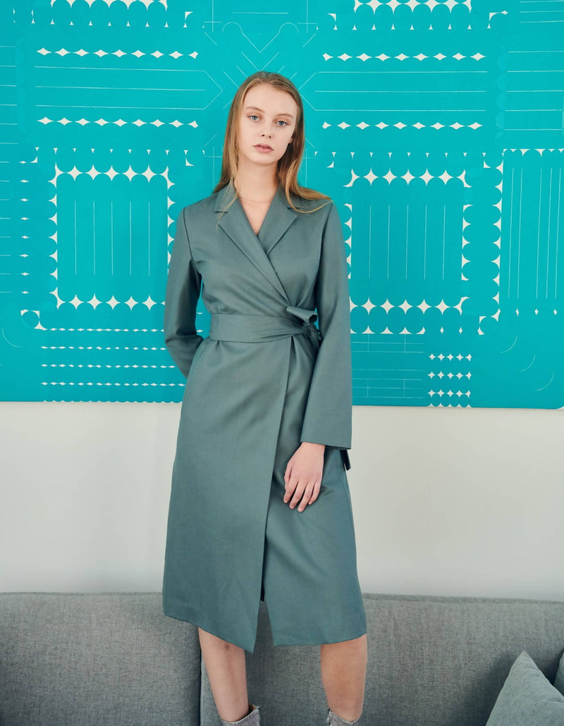 Notched Lapel Wool Wrap Dress