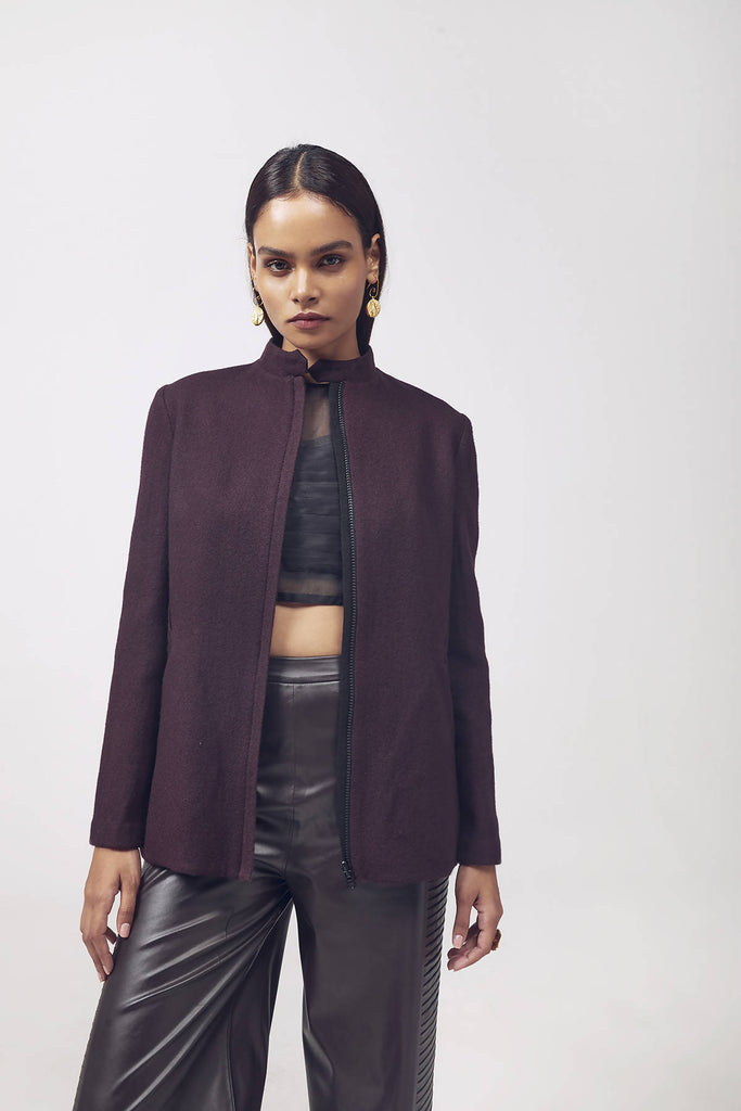 Reversible Wool Coat in Black and Wine