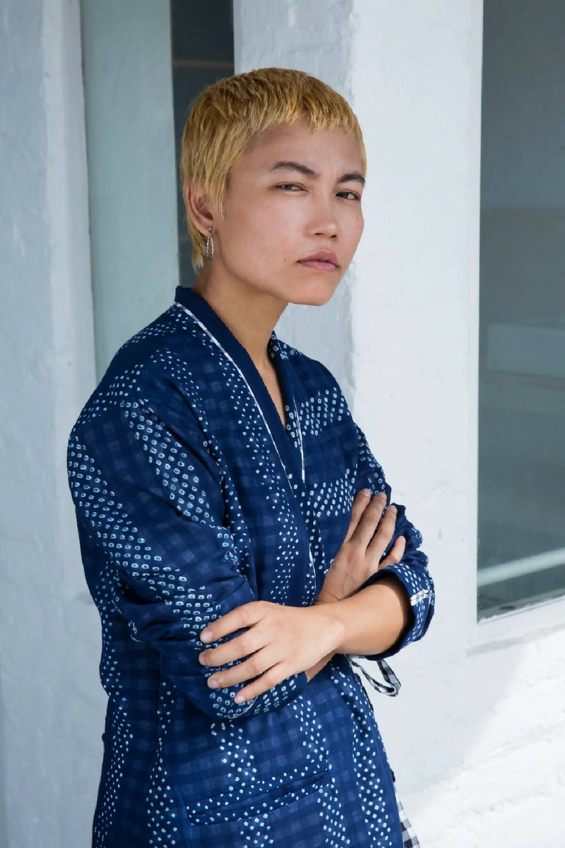 Indigo Bandhani Stripes Kimono Dress