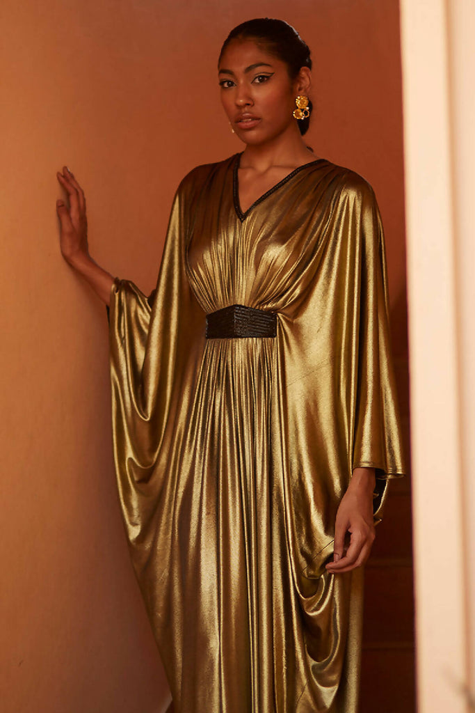 Gold Mettalic Kaftan With Embroidered Belt