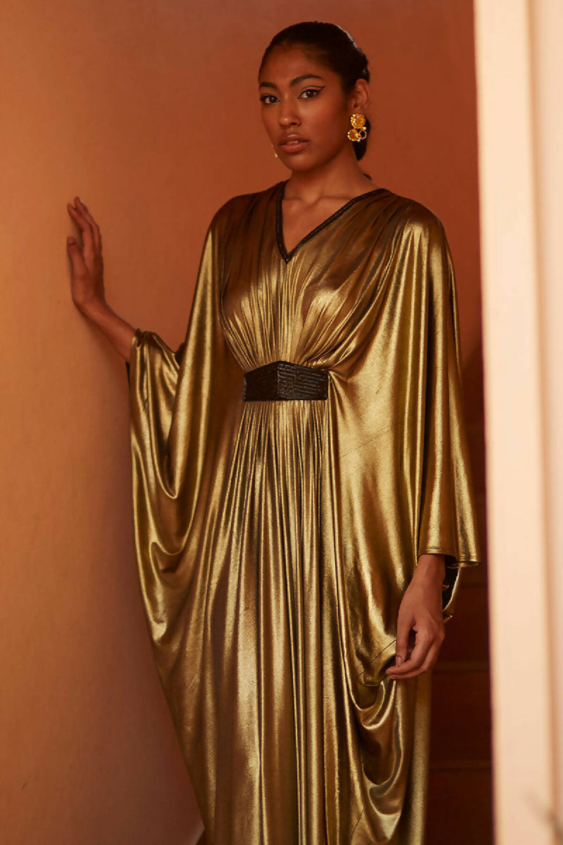 Gold Mettalic Kaftan With Embroidered Belt