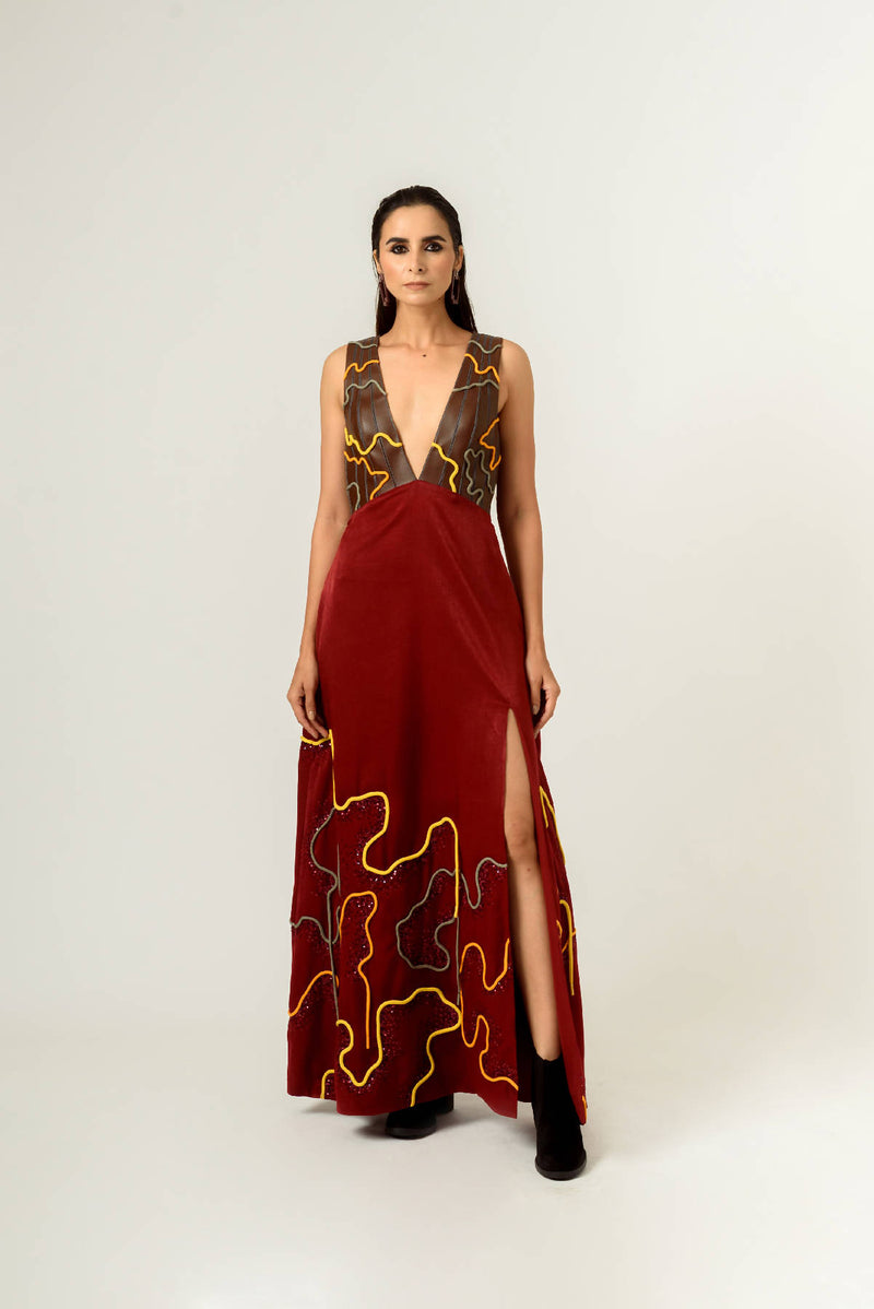 Low Neckline Leather Embroidered Gown