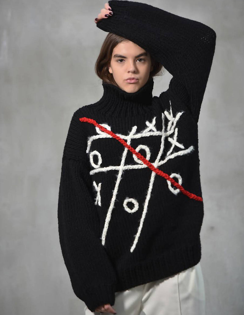 Hand-Knitted Black Tic-Tac-Toe Sweater