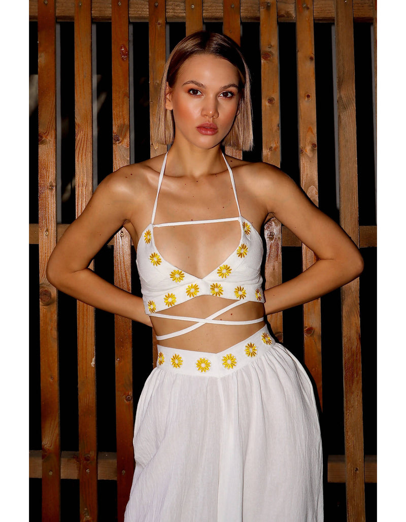 Cotton Embroidered "Chamomile” Bra-Top In Pure White