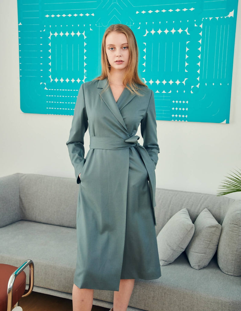 Notched Lapel Wool Wrap Dress