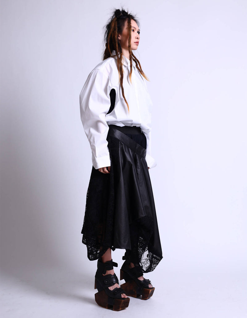 Mixed Fabric Double Waist Skirt