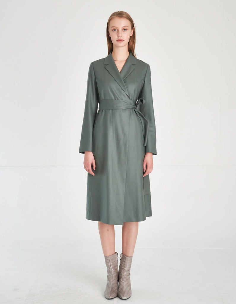 Notched Lapel Wool Wrap Dress
