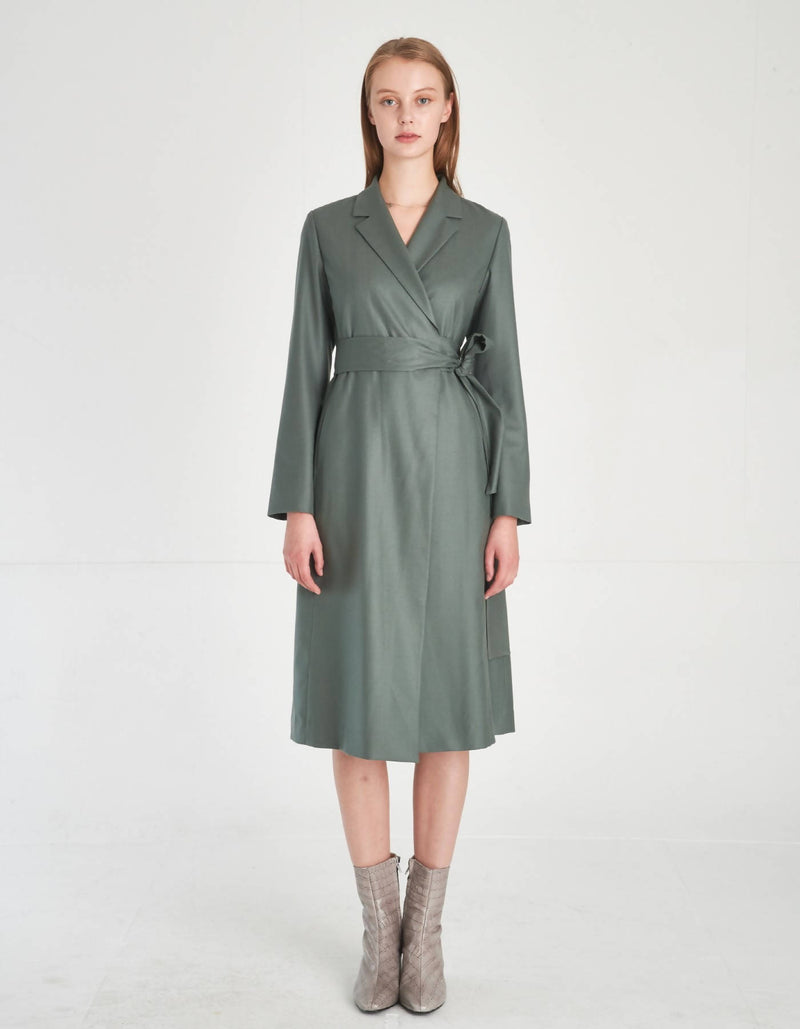 Notched Lapel Wool Wrap Dress