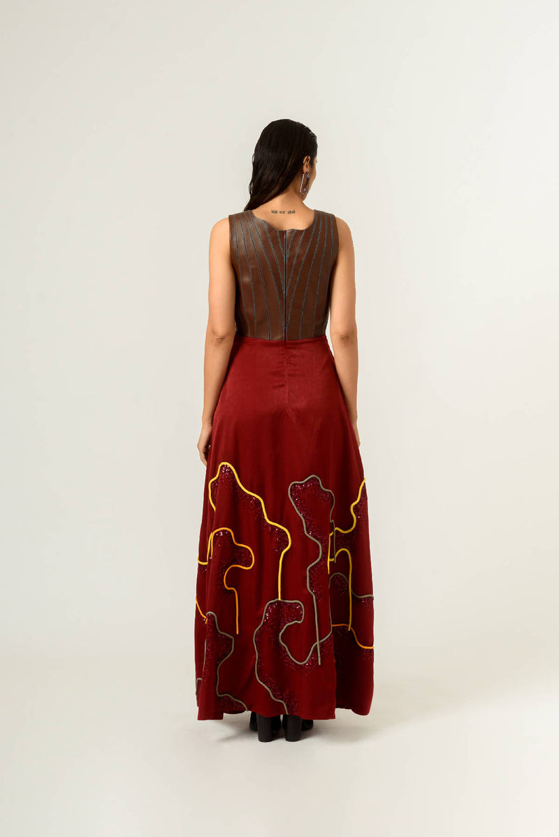 Low Neckline Leather Embroidered Gown
