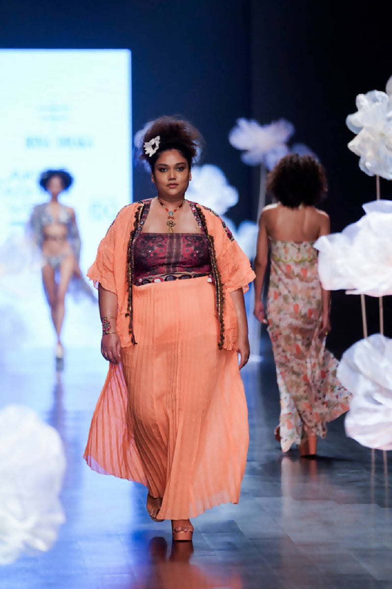 Orange Plisse Pleated Long Skirt