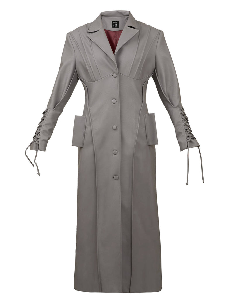 Gray Faux Leather Trench Coat