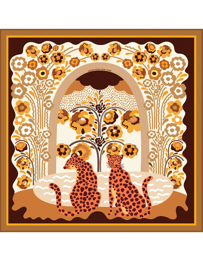 Double Sided Silk Scarf Of Leopards With Floral Fountain
