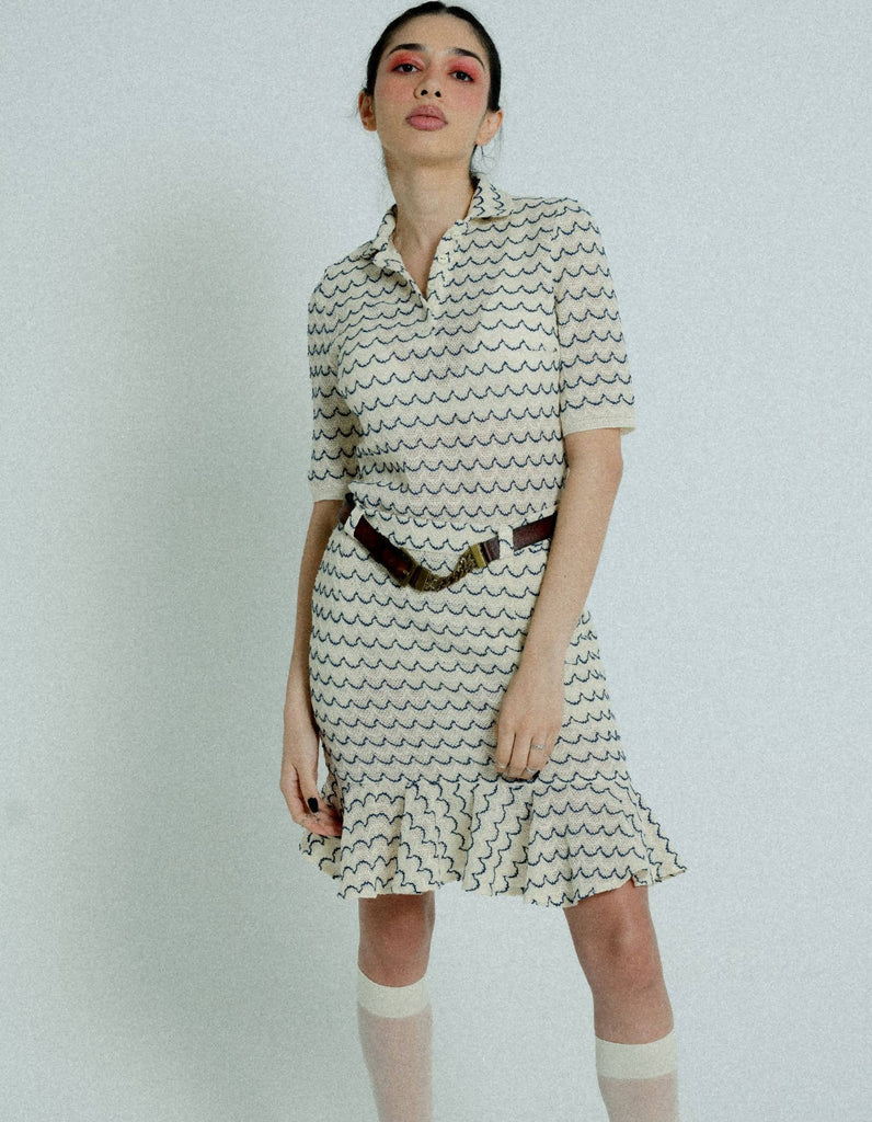 Cotton Knit High Waist Skirt with Ruffled Hem Marine