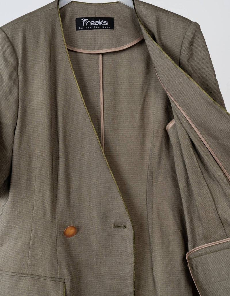 Linen Blending Piping V-Neck Jacket