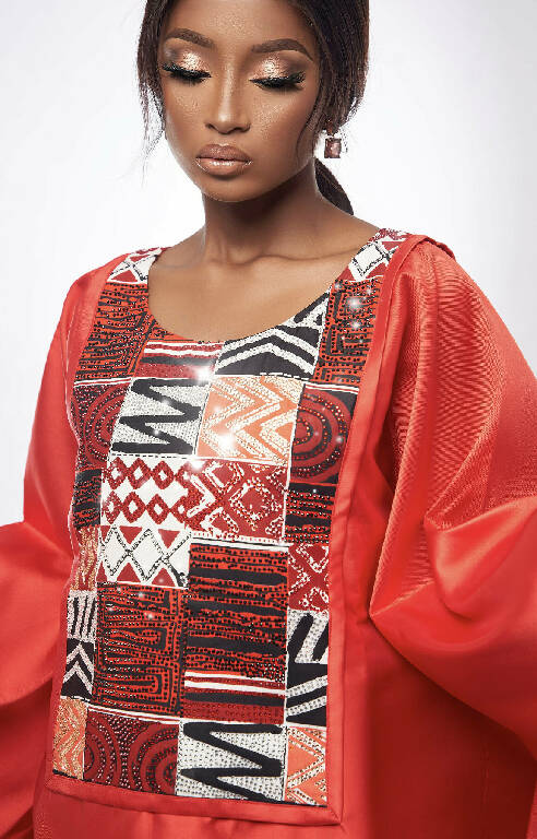 Red Jewelled Satin and African Print Kaftan Boubou