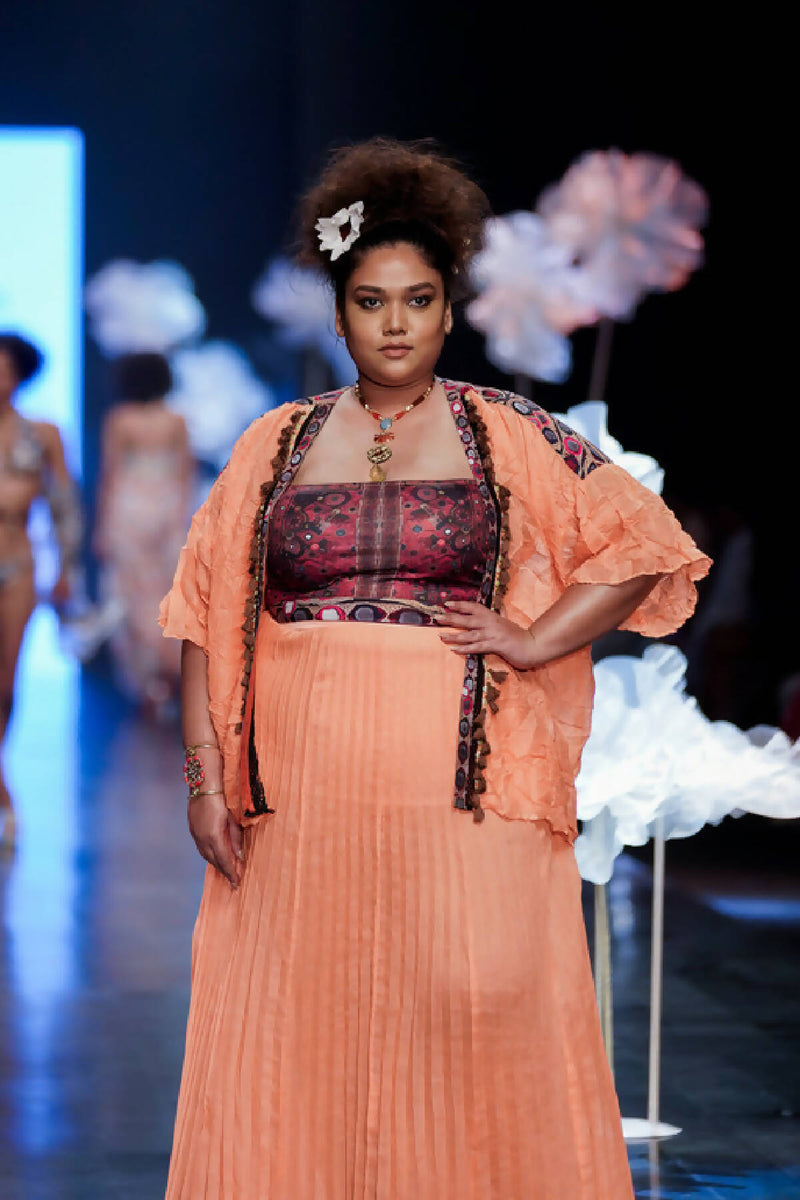 Orange Plisse Pleated Long Skirt