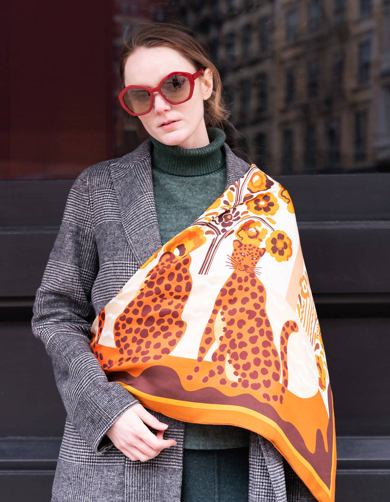 Double Sided Silk Scarf Of Leopards With Floral Fountain